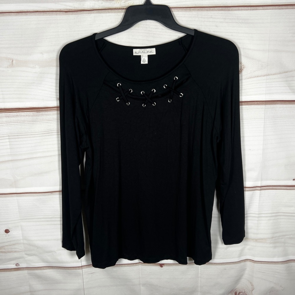 Emaline Top Women XL‎ Black Solid Long Sleeve Lace Up Neck Jersey Knit Blouse